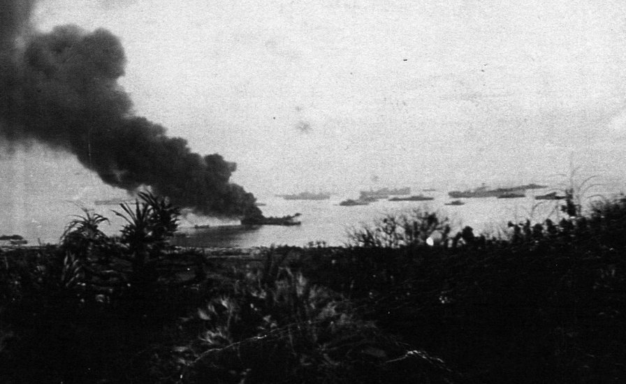 LST 808 burns April 18, 1945 Ie Shima