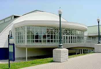 Exterior view of the renovated facade of the Nelson Arena.