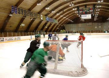 The Oswego State ice hockey team practices in Golden Romney Field House earlier this month. With the hockey program expected to move to the Campus Center upon the completion of its convocation center/ice arena this fall, Romney's farewell weekend will feature the storied building's final two regular-season games on Feb. 3 and 4, against Plattsburgh and Potsdam.